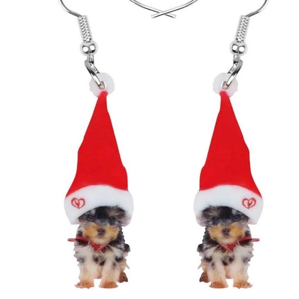 Yorkshire Terrier Puppy Earrings - Santa Hat - 2D - Double Sided
